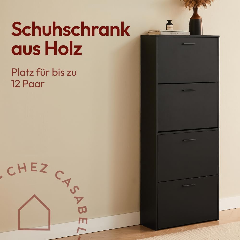 CASABEL Schuhschrank Schmal für 24Paar Schuhe, Moderner Schuhschrank Holz mit 4Klappen, Platzsparend