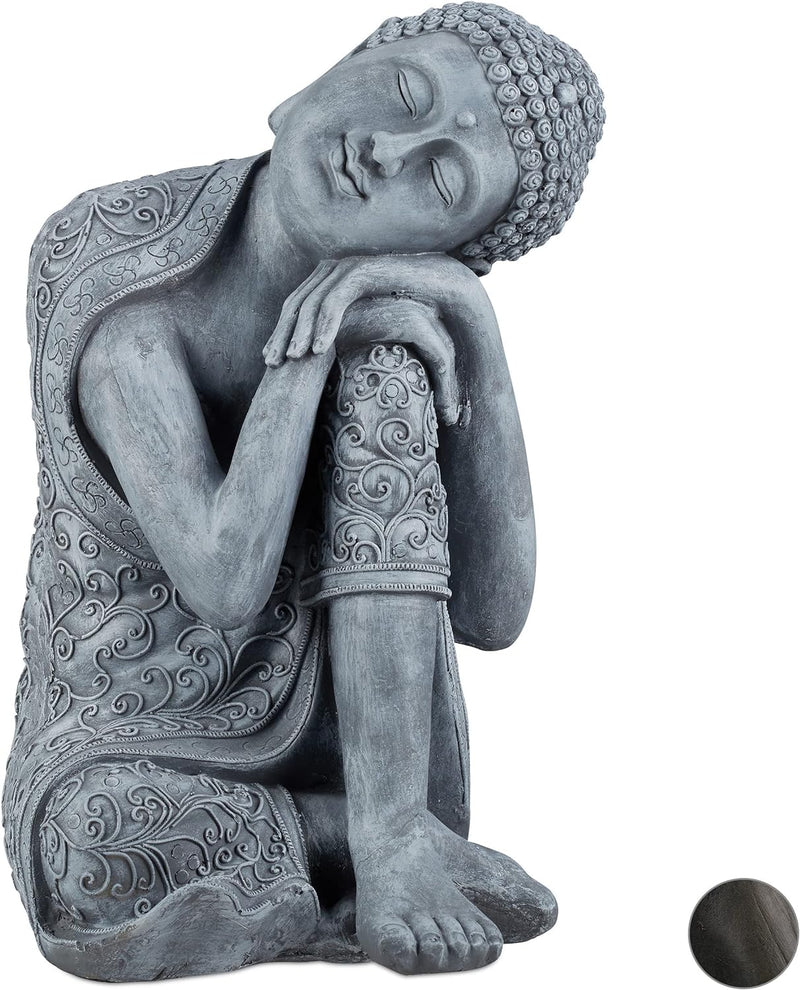 Relaxdays Buddha Figur geneigter Kopf, XL 60cm, Asia Deko, Gartenfigur, Dekofigur Wohnzimmer, frost-