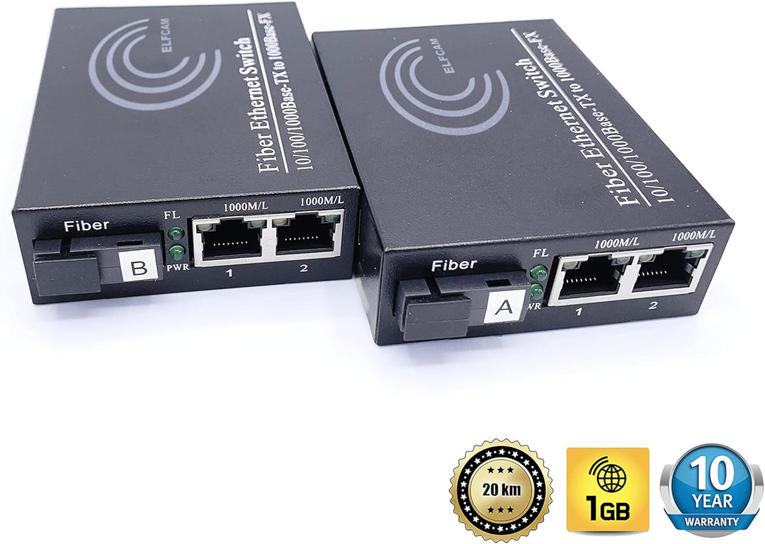 Elfcam® - Gigabit Ethernet LWL Media Converter Fibre Optic 10/100/1000 Mbps Including Mini-GBIC (SFP