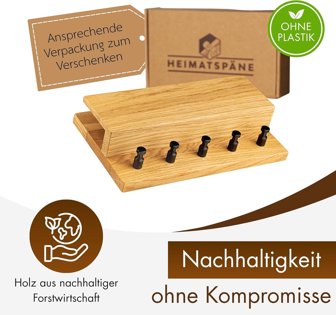 Schlüsselbrett Holz mit Ablage - massives Eichenholz, hochwertige schwarze Edelstahlhaken, Schlüssel