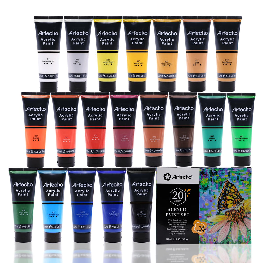 Artecho Acrylfarben Set Professional 20x120 ml, Acrylic Paint Set, Wasserfest und Lichtecht, Schnell