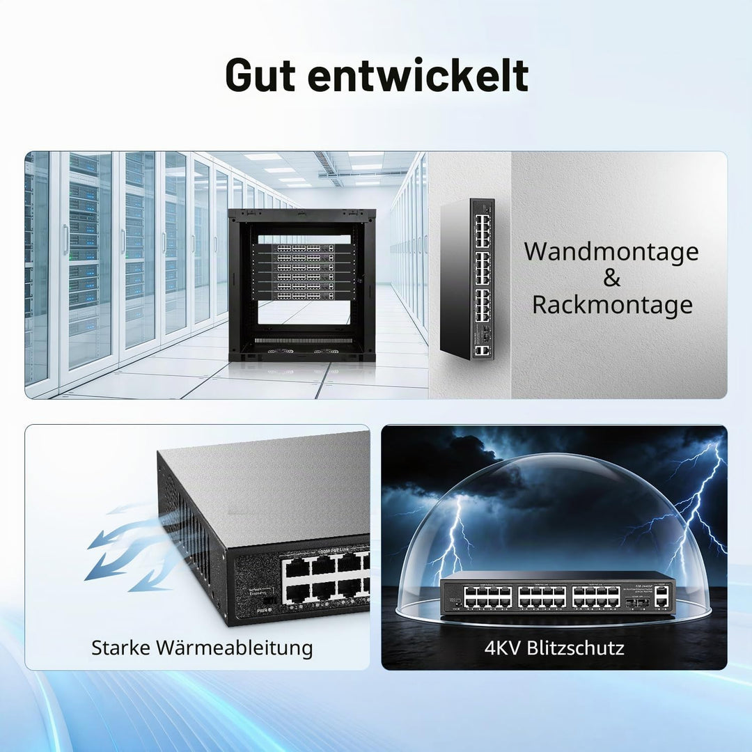 24-Port-POE-Switch, 2 Gigabit-Uplinks, 2 SFP-Steckplätze, IEEE 802.3af/at, 450 W Hochleistungsleistu