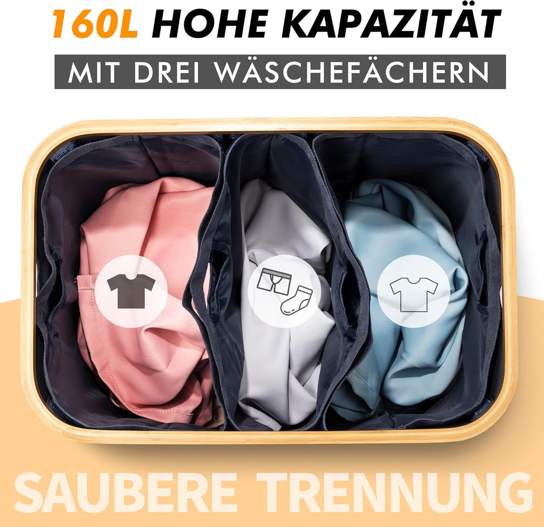 AdelDream 160L Wäschekorb mit Deckel 3 Fächer Wäschekorb Wäschesack schmal - Wäschesortierer Wäscheb