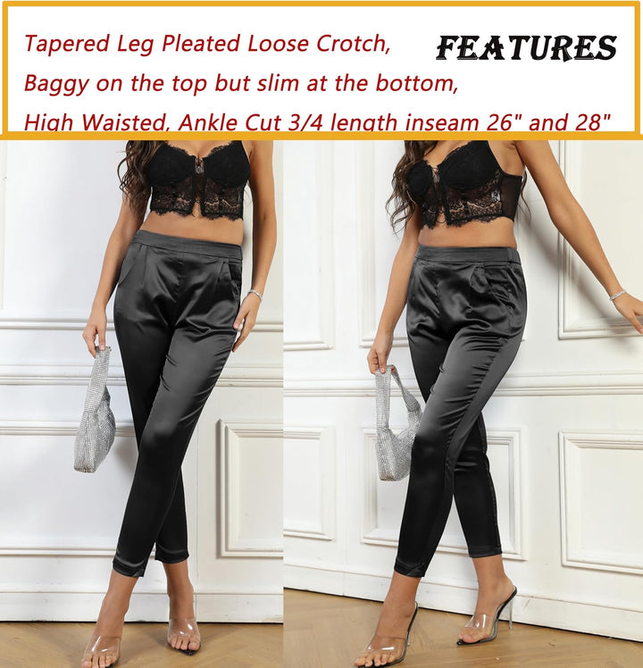 Heipeiwa Damen Satin-Hose, lässig, plissiert, hohe Taille, Hose mit Taschen Schwarz S, Schwarz S