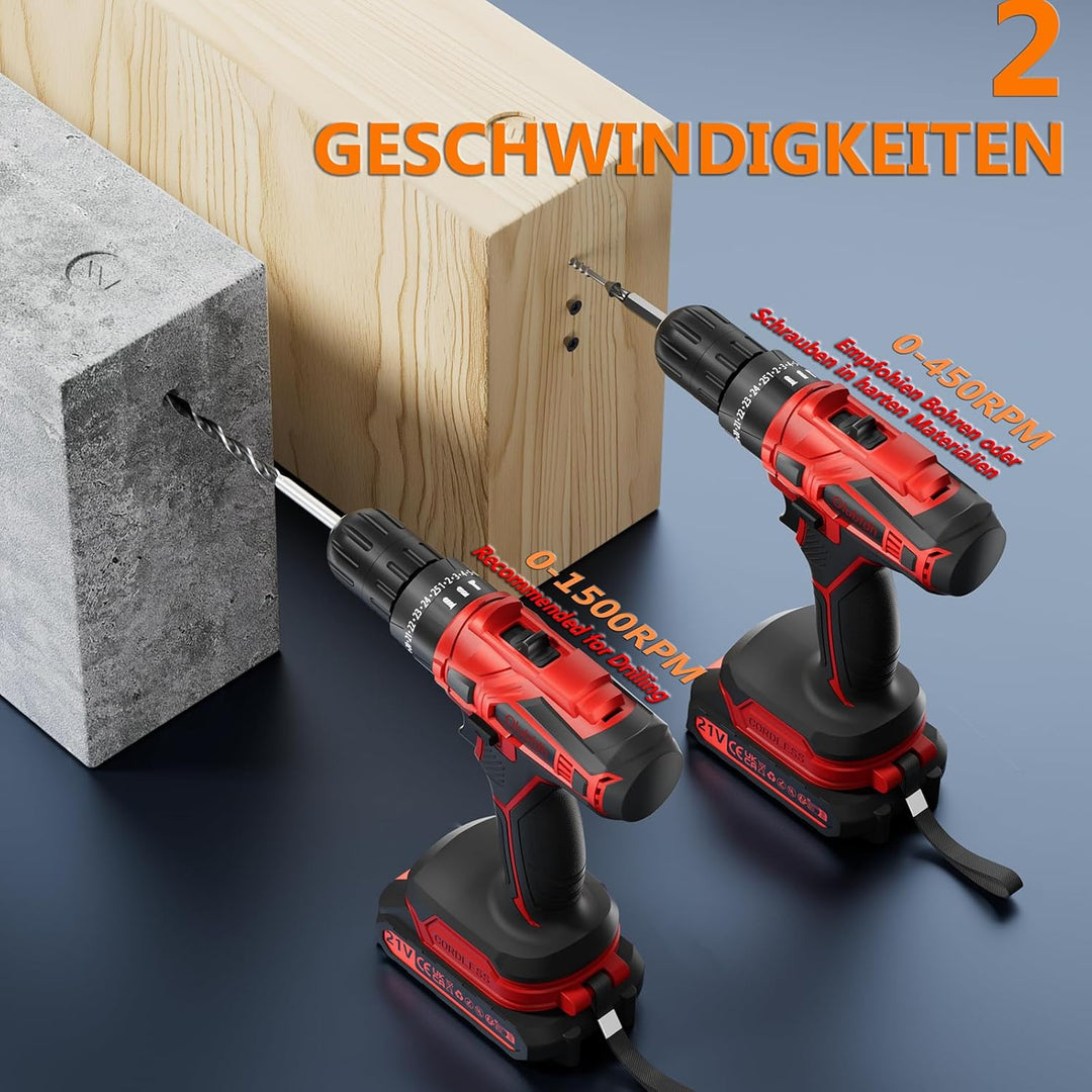 Akkuschrauber, 21V Akku Bohrschrauber Set mit Akku 1×2000mAh 45Nm Drehmoment Max 25+3 Drehmomentstuf