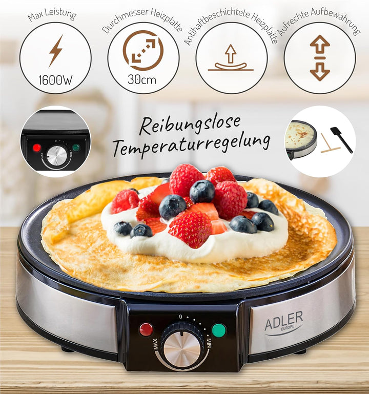 ADLER AD3058 Crêpes und Pfannkuchen Maker – Elektrische Antihaft-Heizplatte mit Erhöhten Kanten für