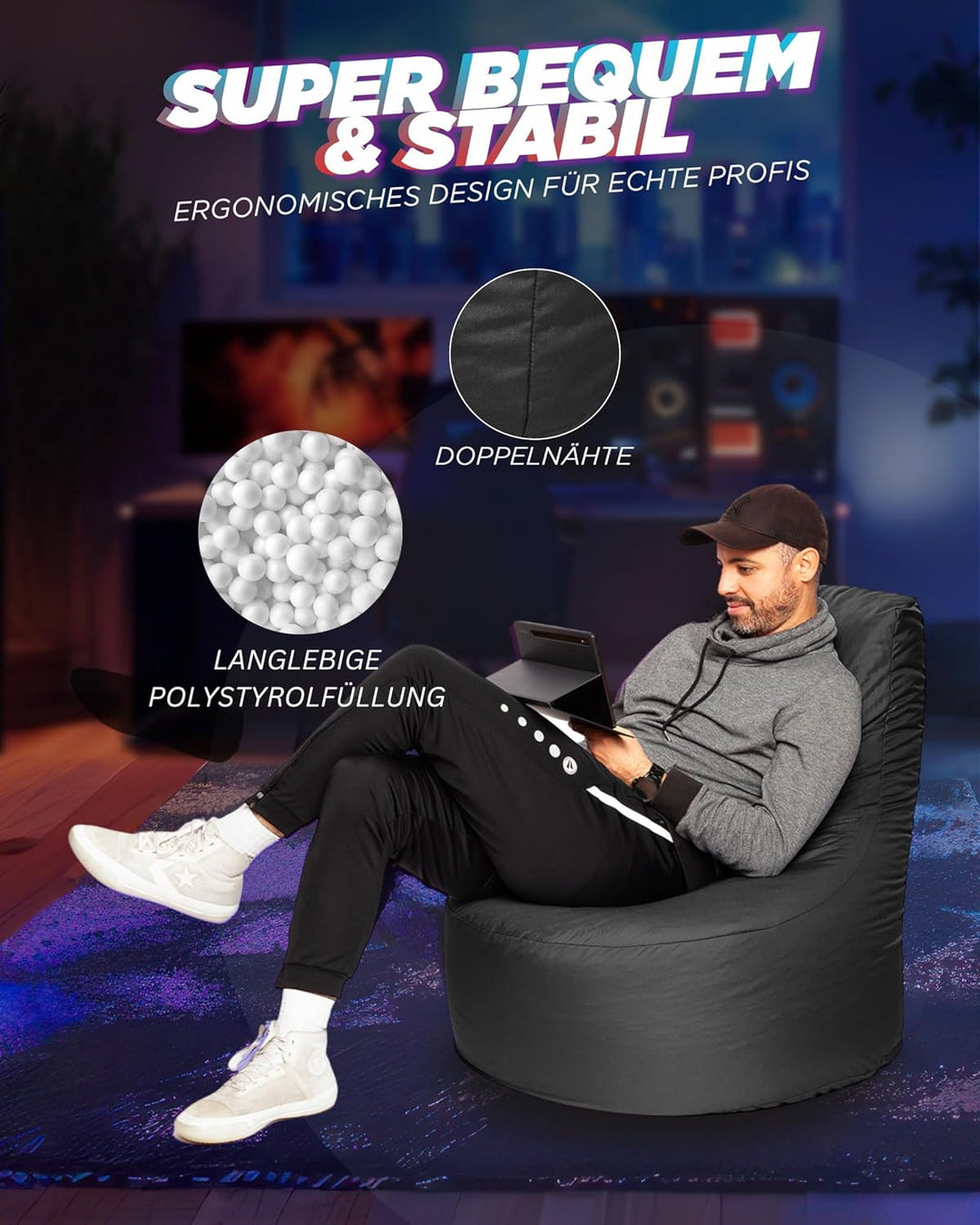PATCH HOME Gamer Sessel mit Reissverschluss Lounge Kissen Sitzsack Sitzkissen Bean Bag In & Outdoor