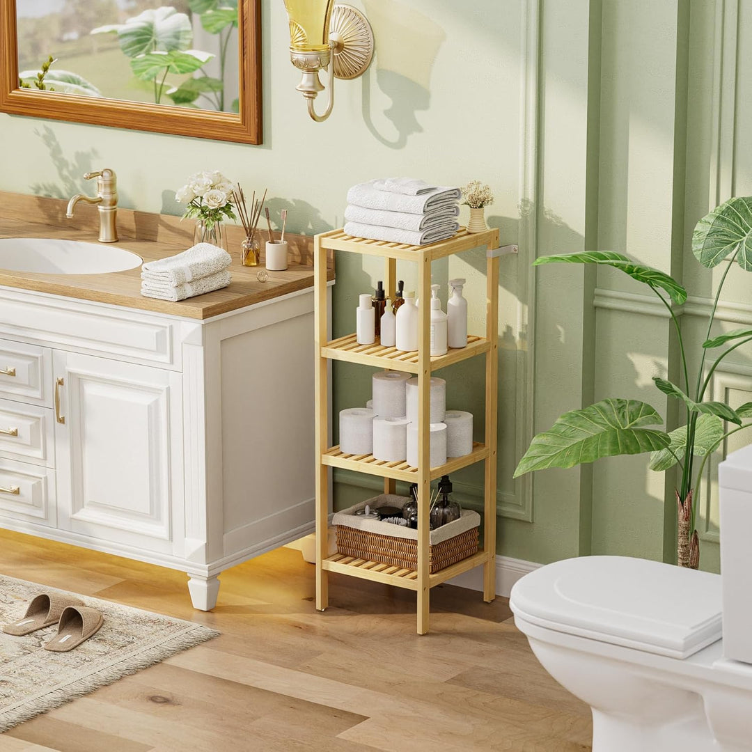 SMIBUY Badezimmer-Aufbewahrungsregal, 4 Ebenen, Bambusregal, Organizer, multifunktionales Regal für
