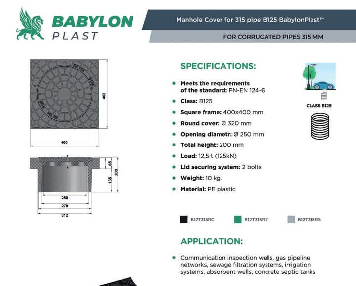 BABYLONPLAST Schachtabdeckung, Telskopabdeckung Rohr DN315 mm Kl.B125 (400x400 mm) Schachtdeckel, Be