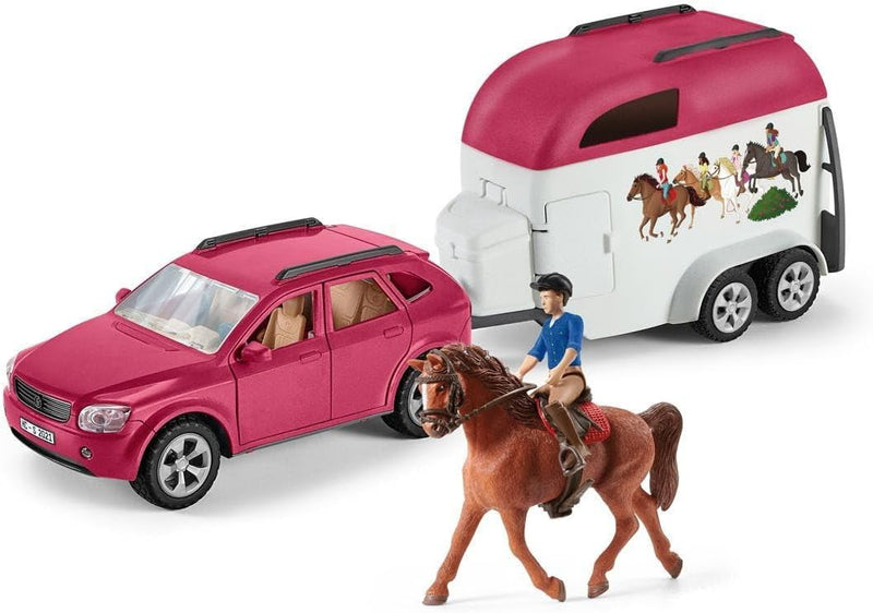 Schleich Auto mit Pferdeanhänger, Set mit 1 Pferd inklusive, Spielfiguren-Set für Kinder ab 5 Jahren