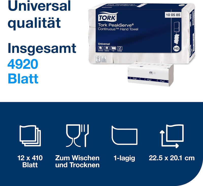 Tork PeakServe Endlos-Papierhandtücher Weiss H5, Universal-Qualität, komprimiert, 12 × 410 Tücher, 1