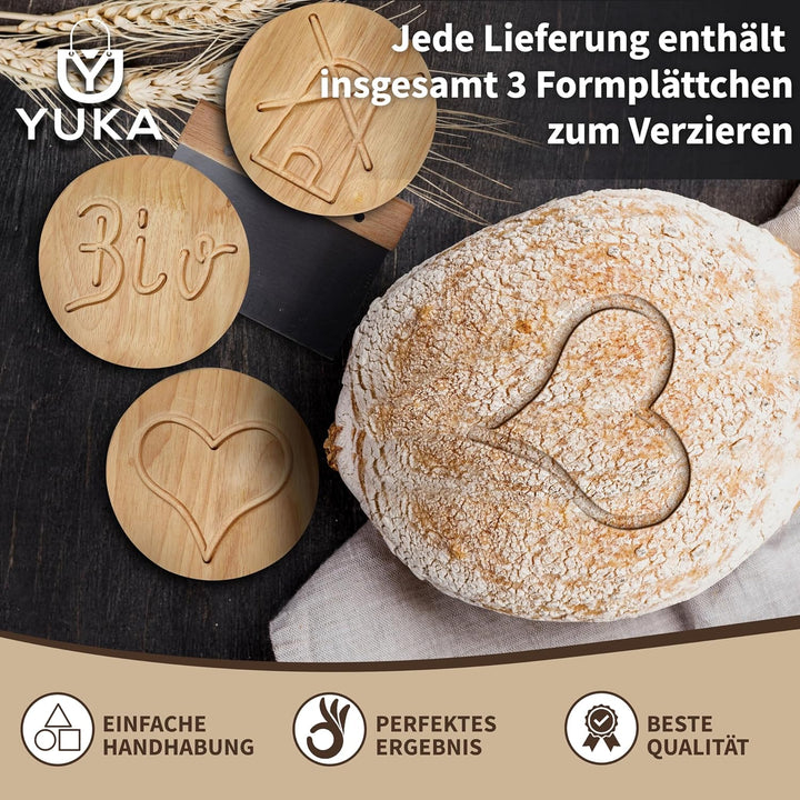 YUKA Profi Gärkörbchen rund für Brot 23cm [NEU] - Gärkorb set mit 3 Brotmuster-Plättchen [inkl. wasc
