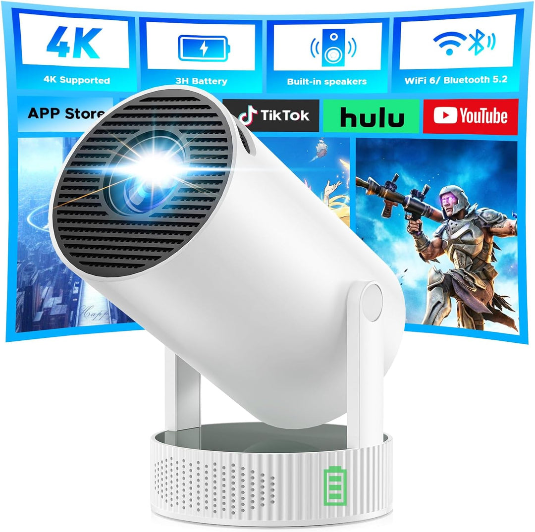 Beamer mit Akku, Mini Projektor Unterstützung 4K Auflösung, 220° Drehung, integriertem Lautsprecher
