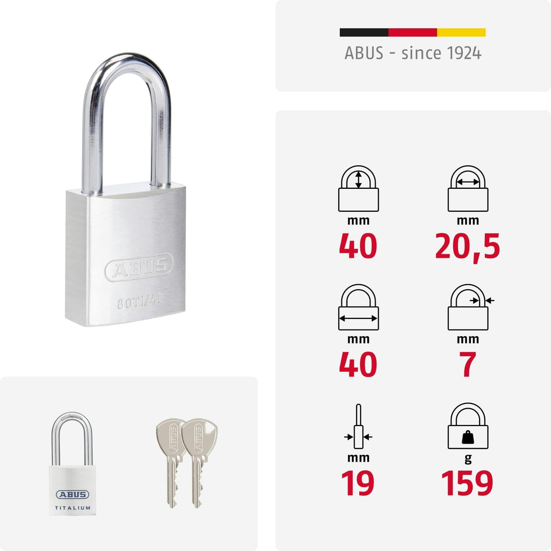 ABUS Titalium Vorhängeschloss 80TI/40HB40 - mit hohem Bügel - Kellerschloss mit leichtem, massiven S