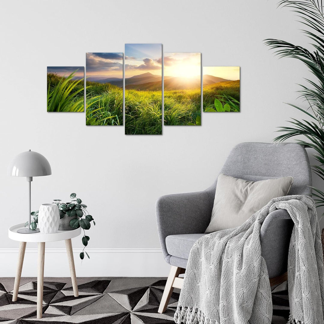 Runa Art Wandbilder Sonnenaufgang Landschaft 5 Teilig Bild auf Vlies Leinwand Deko Schlafzimmer Wohn