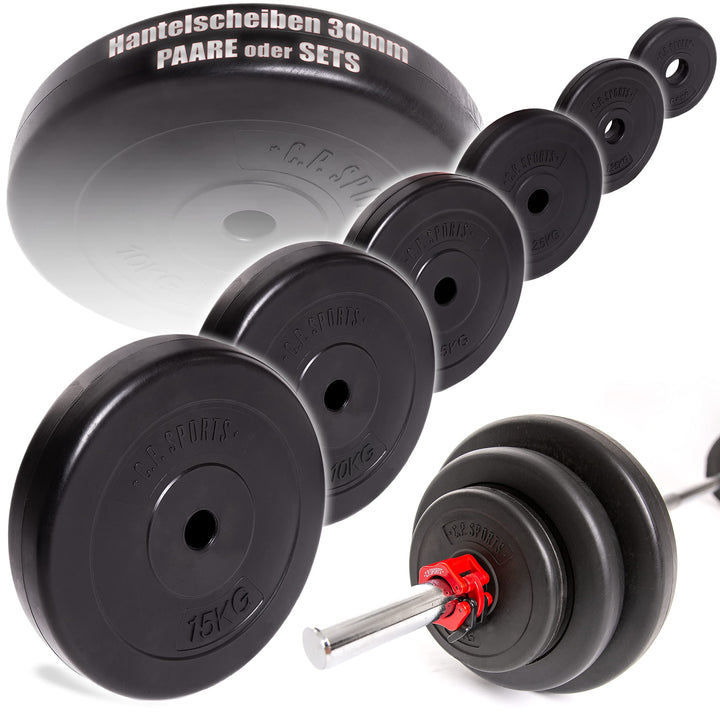 C.P. Sports Hantelscheiben 30mm | Paare 0,5KG bis 20KG oder Sets 26KG / 52KG | Kunststoff mit Zement