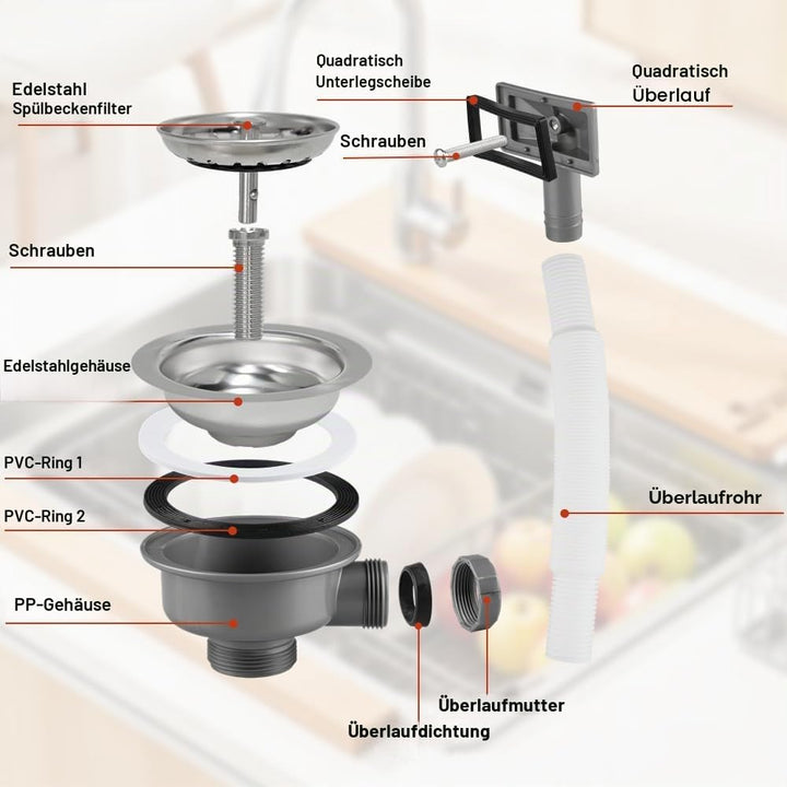 Ablaufgarnitur Spüle 110mm, Abflusssieb Mit überlauf, Edelstahl Siebkorbventil Spülbecken Ablaufgarn