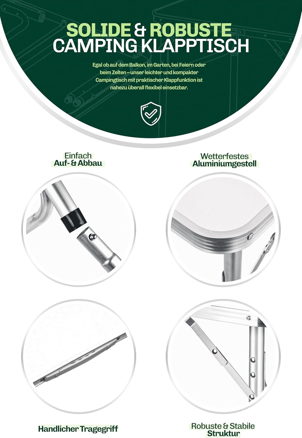 Klapptisch Campingtisch - Verstellbare Höhe und Tragegriff - Superleicht aus Aluminium - 75x55x26/60