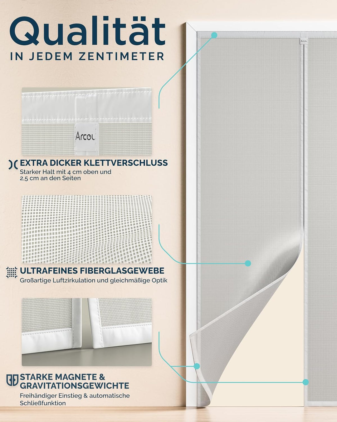 ARCOL Fliegengitter Balkontür 90x240 cm aus Fiberglas – Schluss mit Mücken in 3 Min., Ultrafeines In