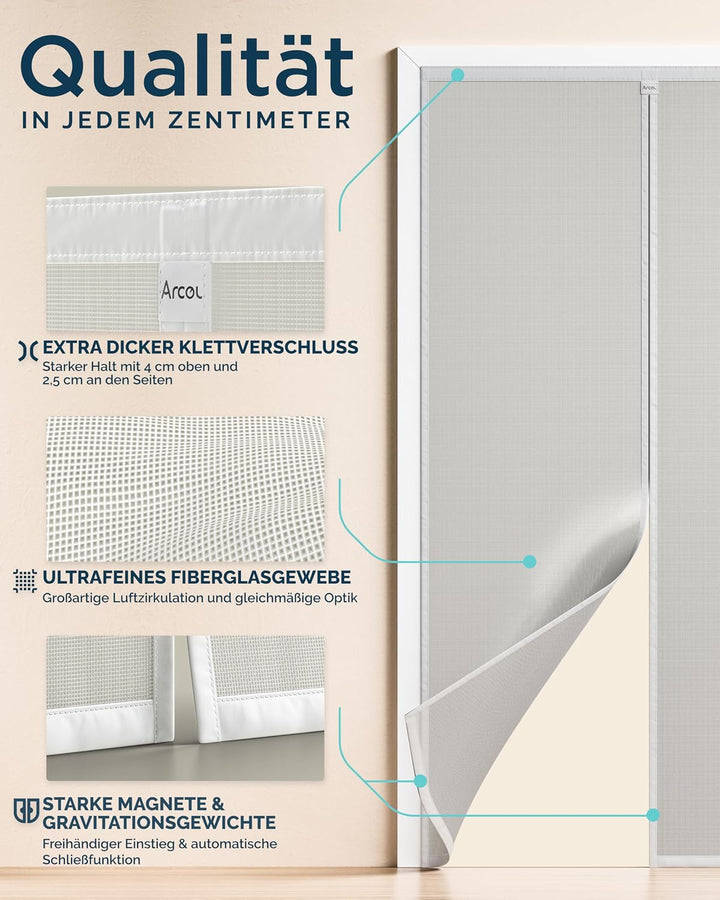 ARCOL Fliegengitter Balkontür 90x240 cm aus Fiberglas – Schluss mit Mücken in 3 Min., Ultrafeines In
