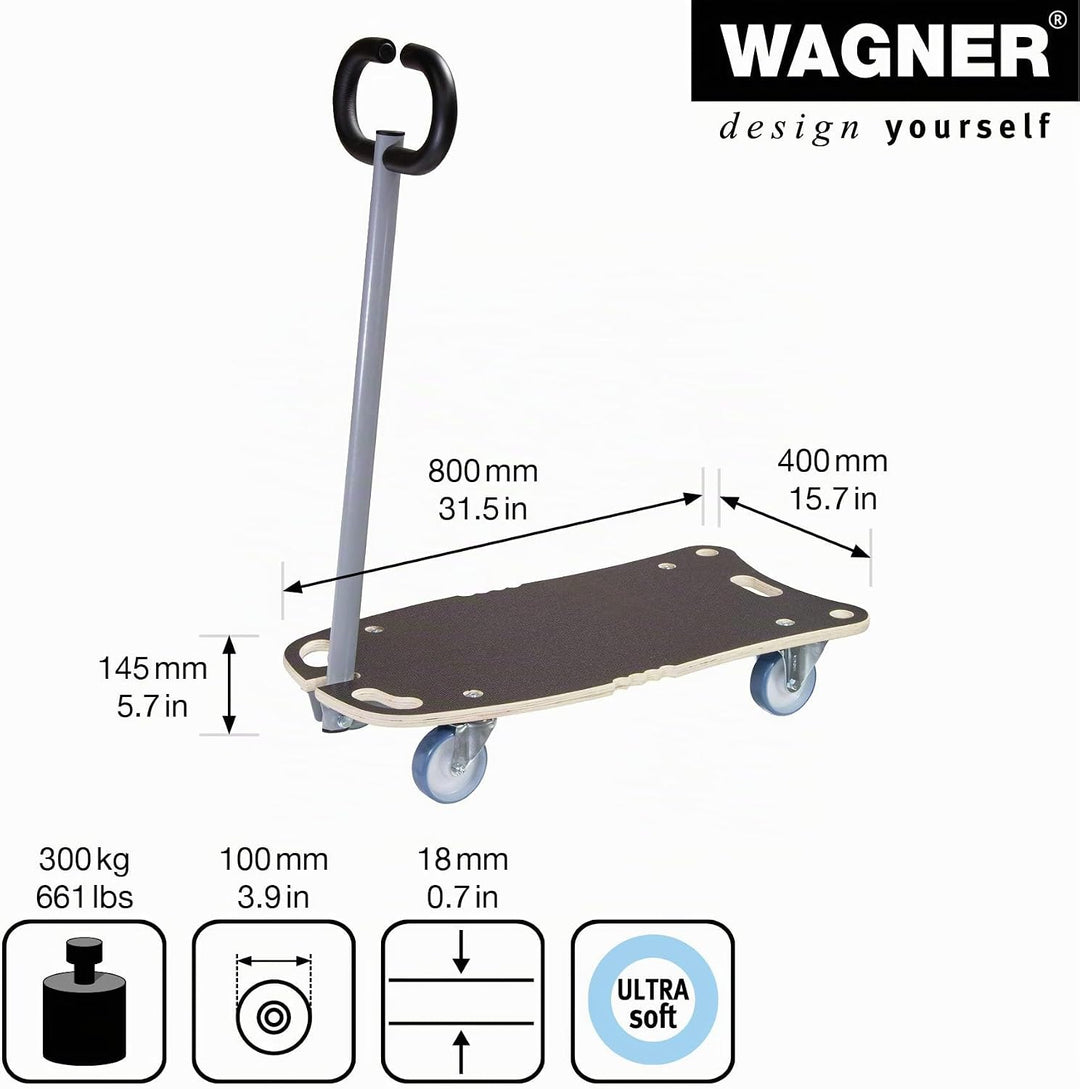 WAGNER Transportroller Transporthilfe 1187 I Schichtholz mit Grip I 80 x 40 x 14,5 cm, Tragkraft 300