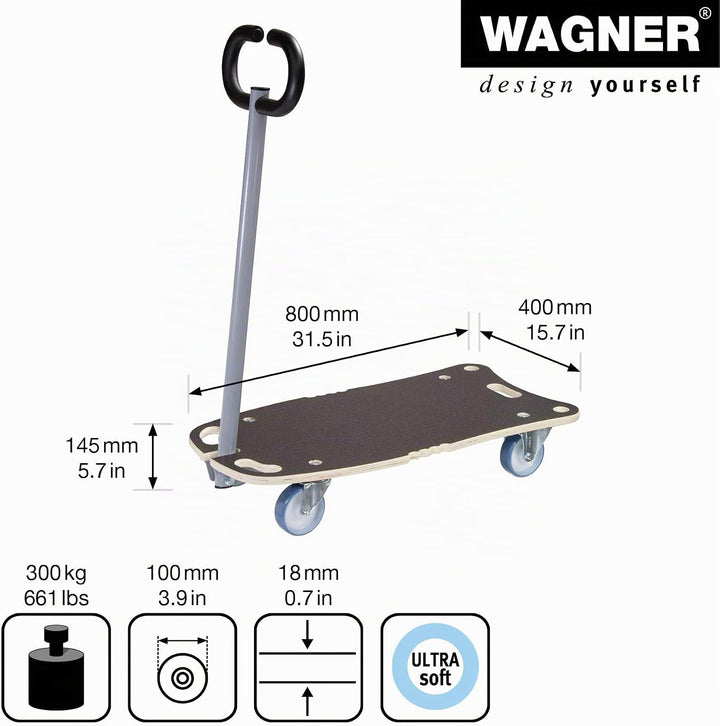 WAGNER Transportroller Transporthilfe 1187 I Schichtholz mit Grip I 80 x 40 x 14,5 cm, Tragkraft 300