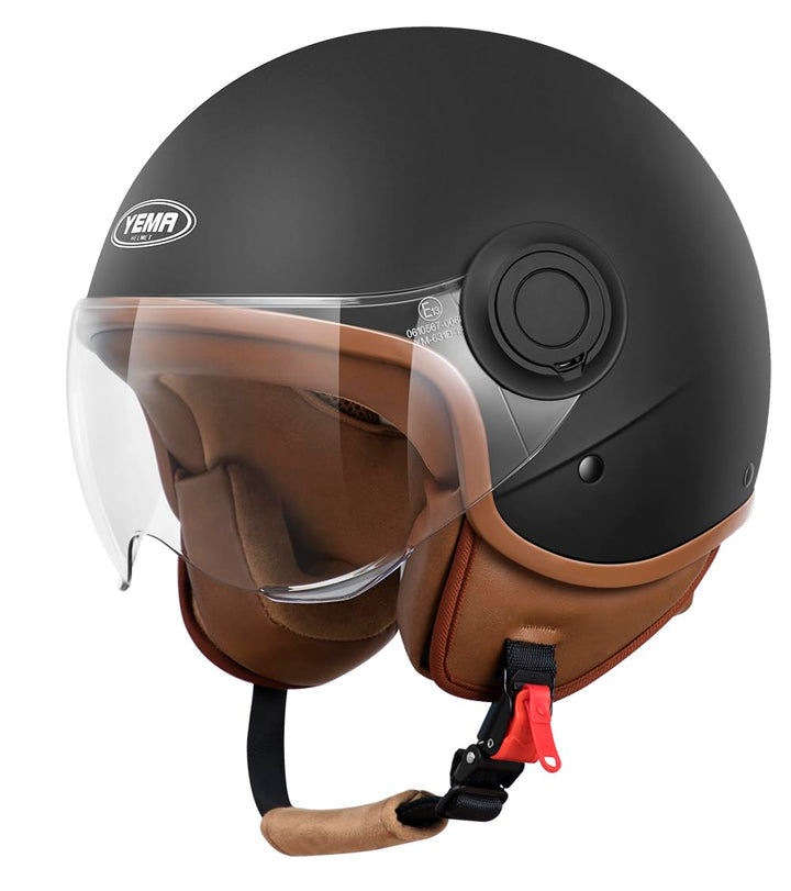 YEMA HELMET Jethelm DW-631 Moped Scooter ECE 3/4 Halbhelm für Herren Damen Schwarz Matt M, Schwarz M