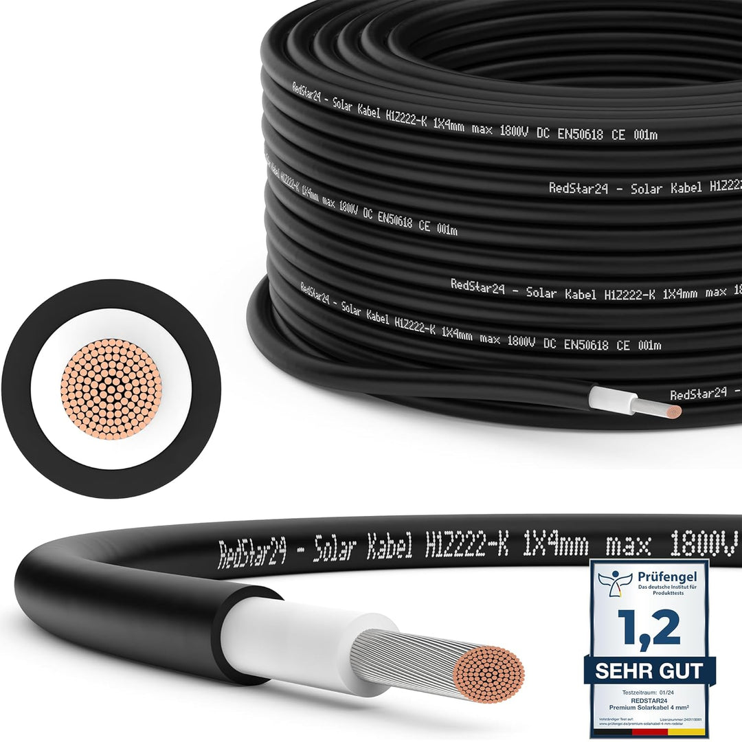 RedStar24 Premium Solarkabel 4mm² Schwarz - 30m - TÜV-zertifiziert - UV-beständig, flexibel, Photovo