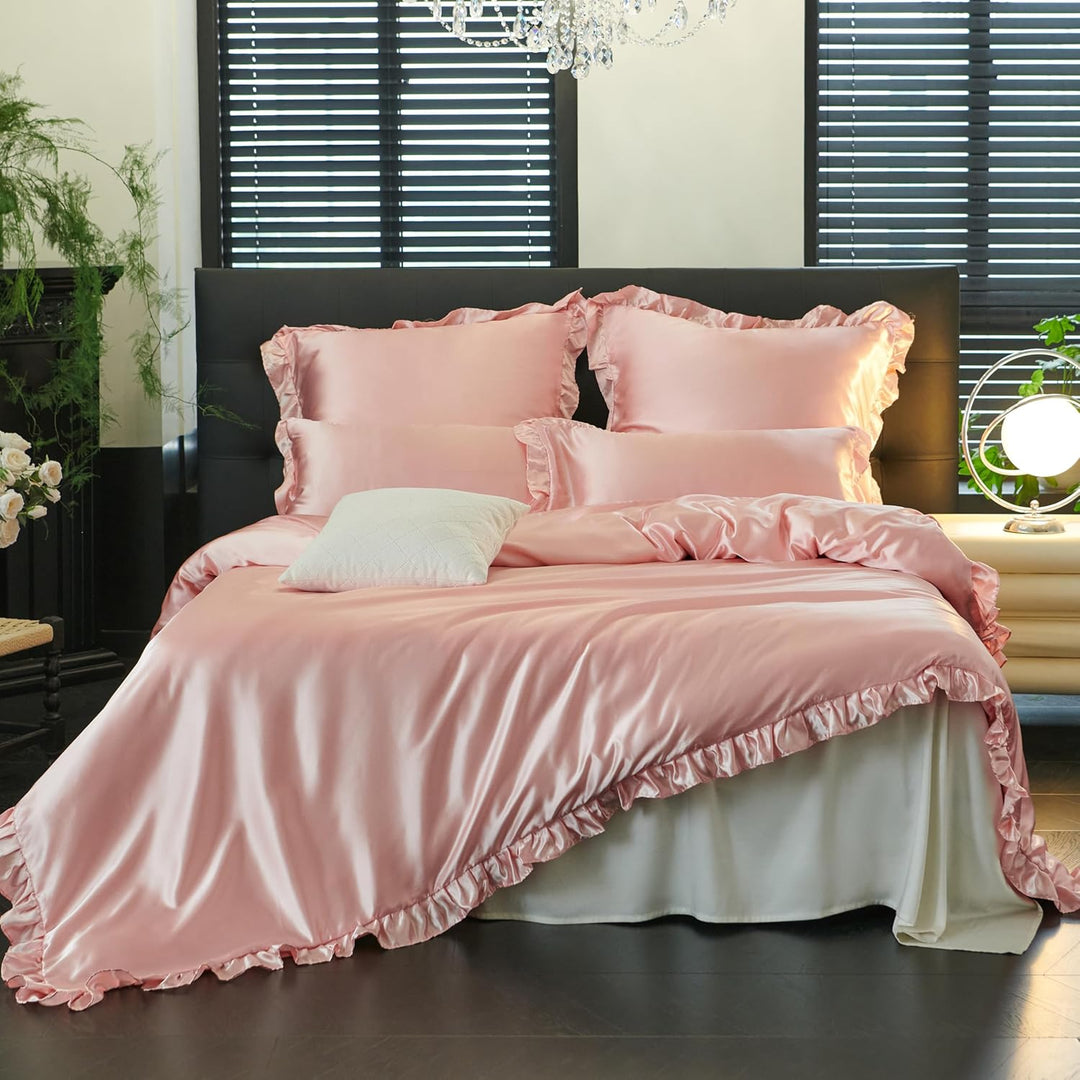 Freyamy Satin Bettwäsche 155x220 Glatt Luxus Seide Glanzsatin Bettwäsche Set Rosa Einfarbig Rüschen