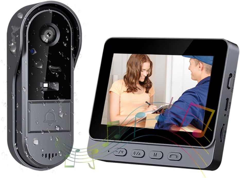 Smart Video Türklingel mit 4.3" HD Innenmonitor Kabellose Türklingel Wasserdicht 1080P HD-Monitor, 1