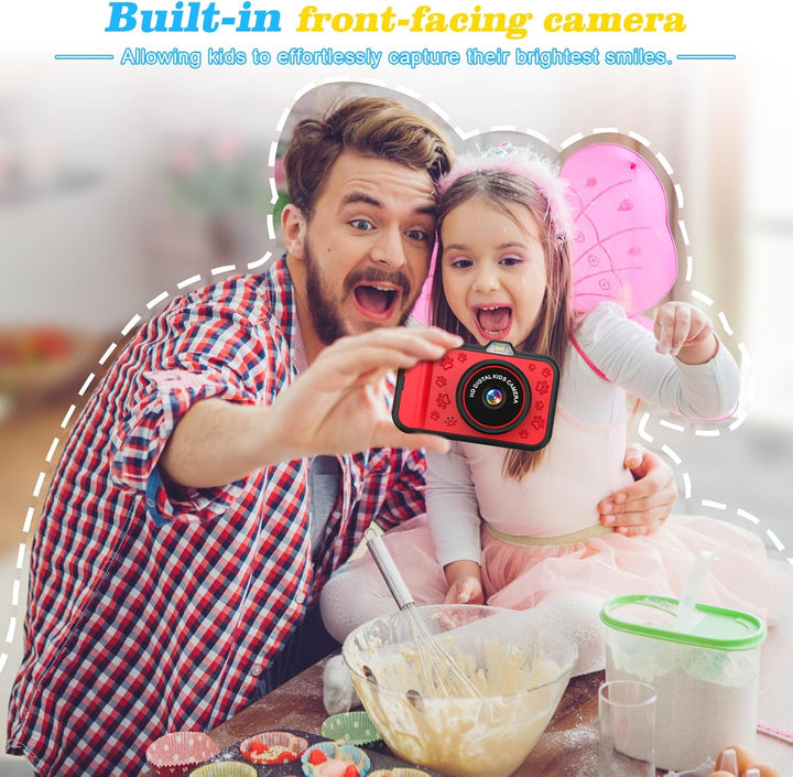 Kinderkamera mit 3,5" Grossem Display, 360° Drehbarem Zoomobjektiv, LED-Blitz & 32GB Karte Kinder vo