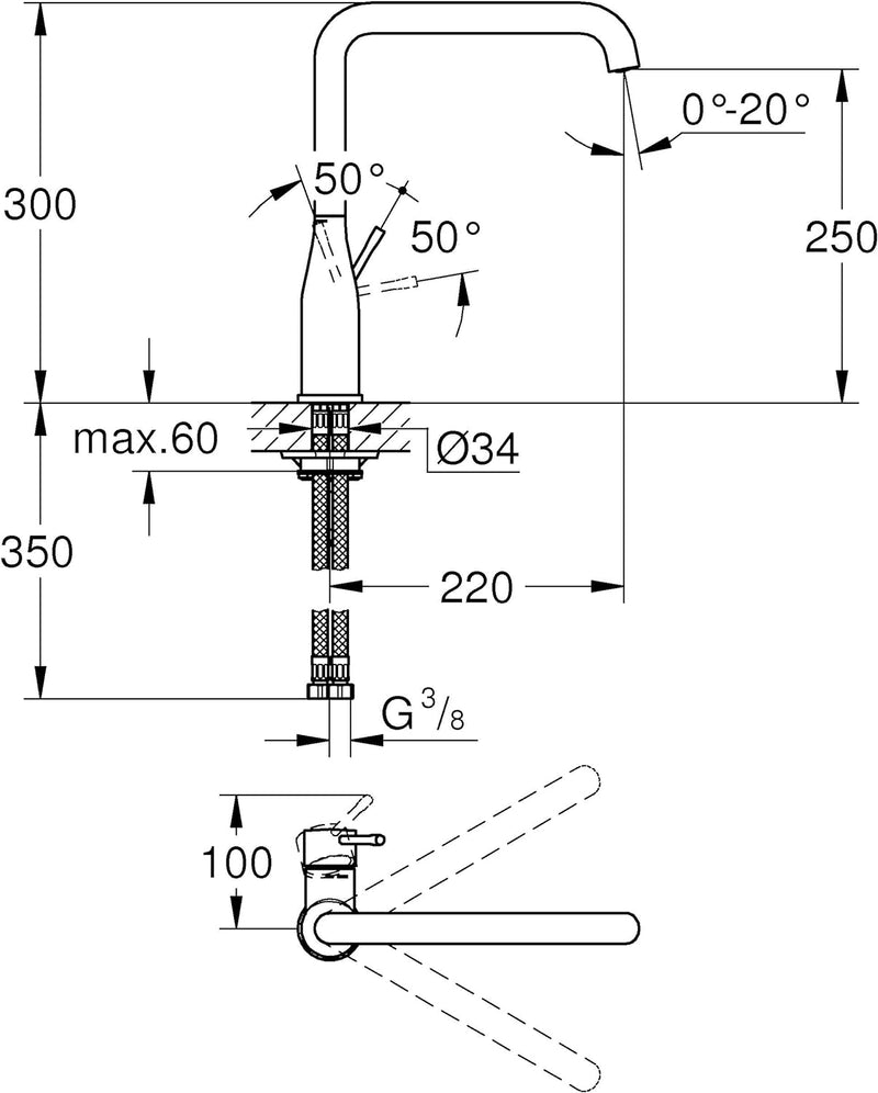 GROHE Essence New - Einhand-Spültischbatterie (hoher Auslauf, Schwenkbereich wählbar 0°/150°/360°, f