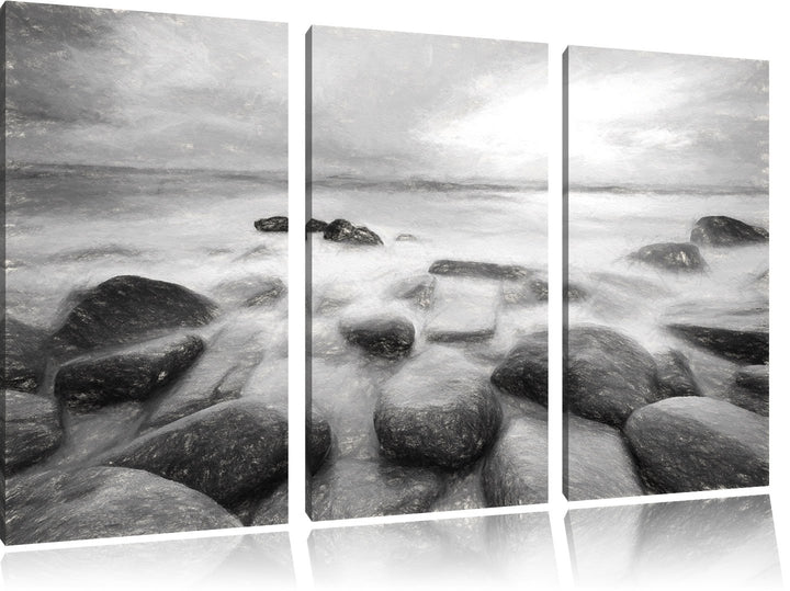 Pixxprint Romantisches Meer Kohle Zeichnung Effekt 3-Teiler Leinwandbild 120x80 Bild auf Leinwand