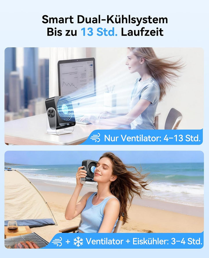 KIMMOO USB-Tischventilator wiederaufladbar, 199 Stufen tragbarer Ventilator mit Eiskühlung &amp; Digital