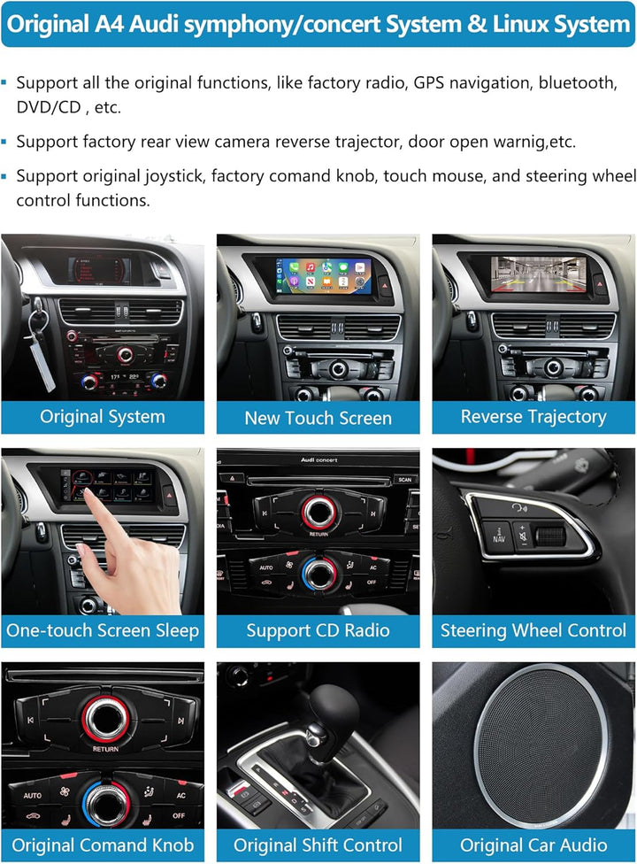 Autoradio 8,9 Zoll Touchscreen mit kabellosem Carplay und Android Auto für 2009–2016 Audi A4 S4 mit