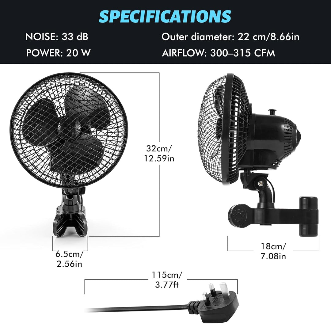 LTPAG Grow Ventilator mit Clip 20W, Oszillierend Leise Klein for Growzelt, 2 Geschwindigkeitsstufen,