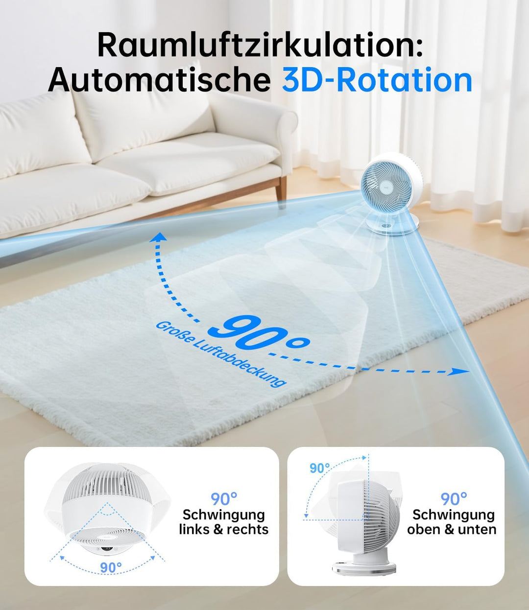 WIE Tischventilator Leiser 28dB, 4 Modi 12-Geschwindigkeit, 90° Oszillation Ventilator, Luftzirkulat