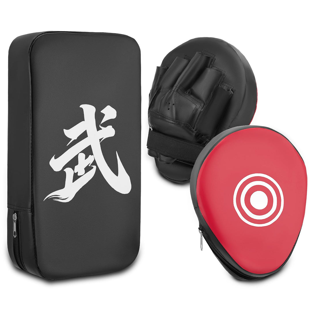 3 in 1 Handpratzen Set für Boxen & Kickboxen, 2x Box Pratzen aus PU Leder + 1x Kick Pad, Schlagpolst