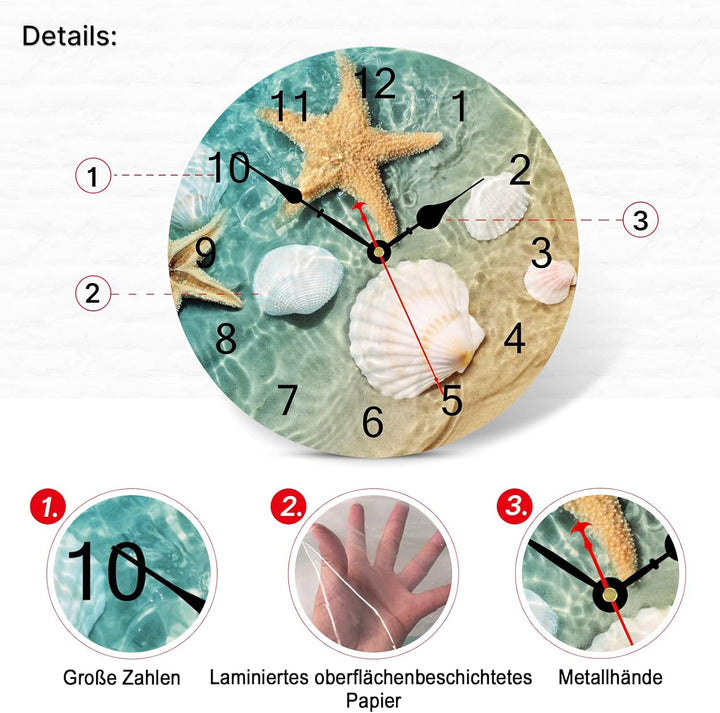 TAHEAT 20 cm Küsten Muschel Seestern Wanduhr, Genau Dekorativ Uhren, Leise Nicht tickend Leicht zu l