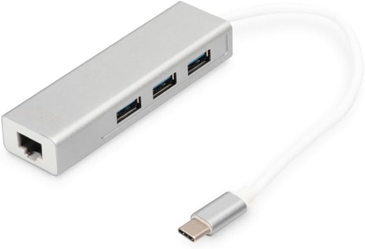 DIGITUS USB 3.0 Typ C 3-Port Hub mit Gigabit Ethernet Adapter, 3x USB A, 1x RJ45 LAN, Silber USB 3.0