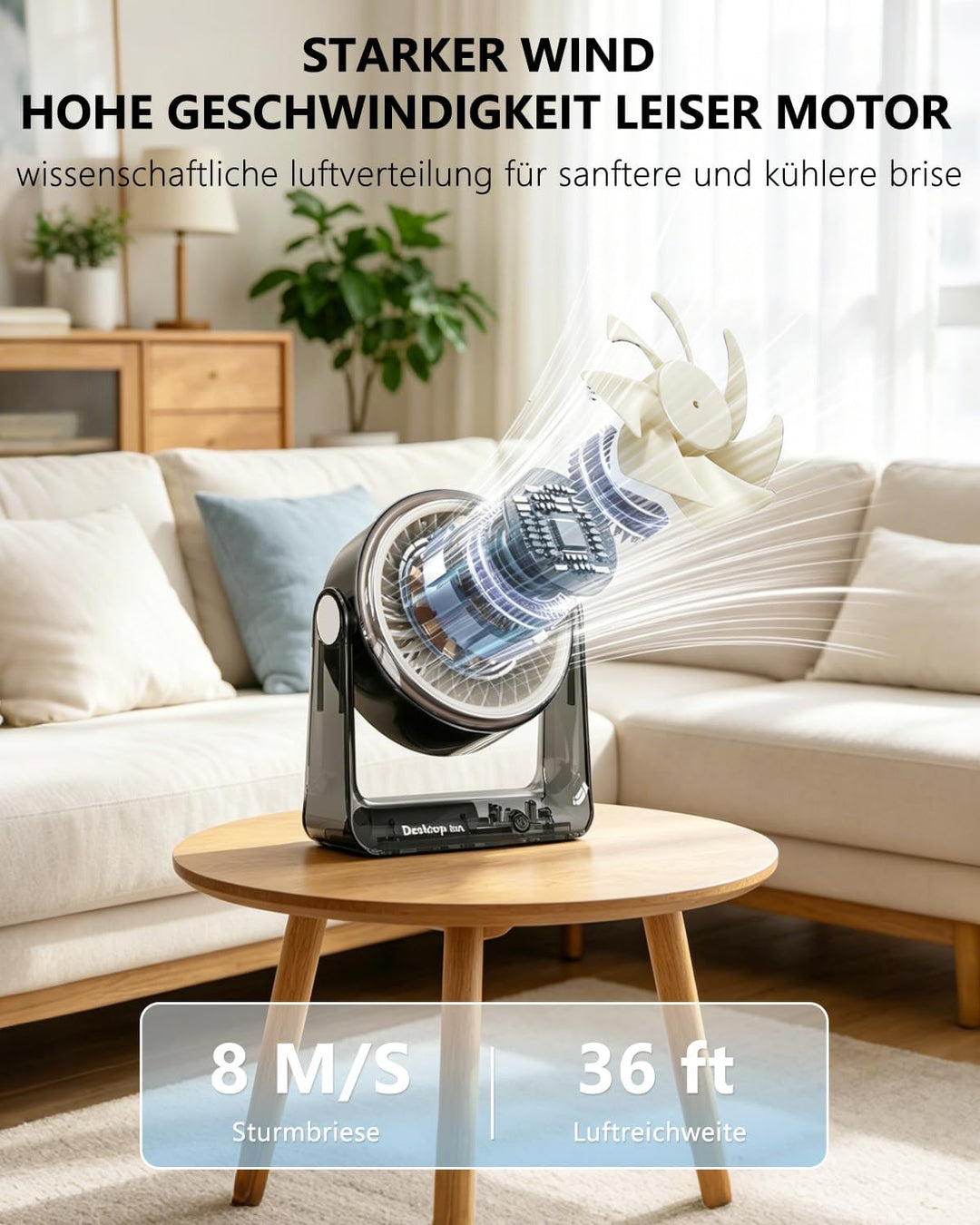 Tischventilator, USB Ventilator Akku, 6 Geschwindigkeiten Leise Ventilator mit LED Display, 360 ° Dr