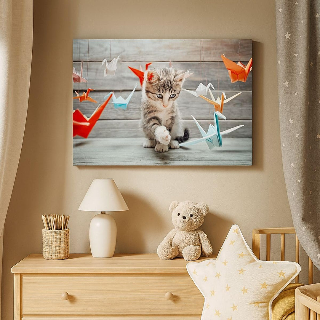 Bilder auf Leinwand 100x70cm Leinwandbild mit Rahmen Katze spass origami Gross Wanddeko Bild Schlafz