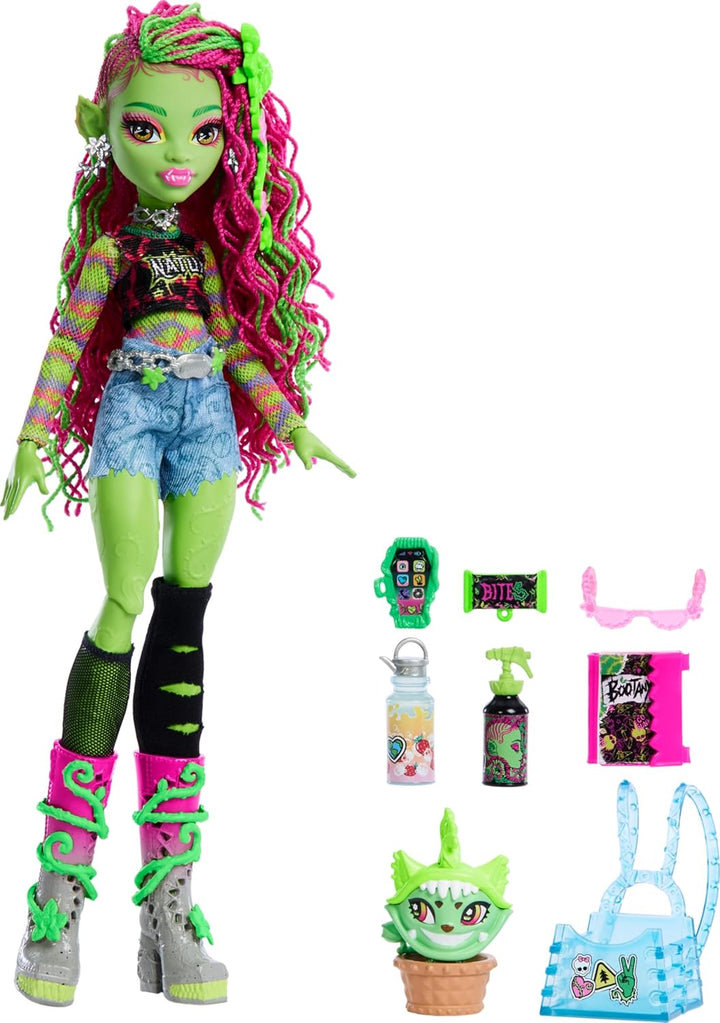 Monster High Venus McFlytrap-Puppe mit Pflanzenmonstertier Katze Chewlian und Zubehör wie Rucksack,