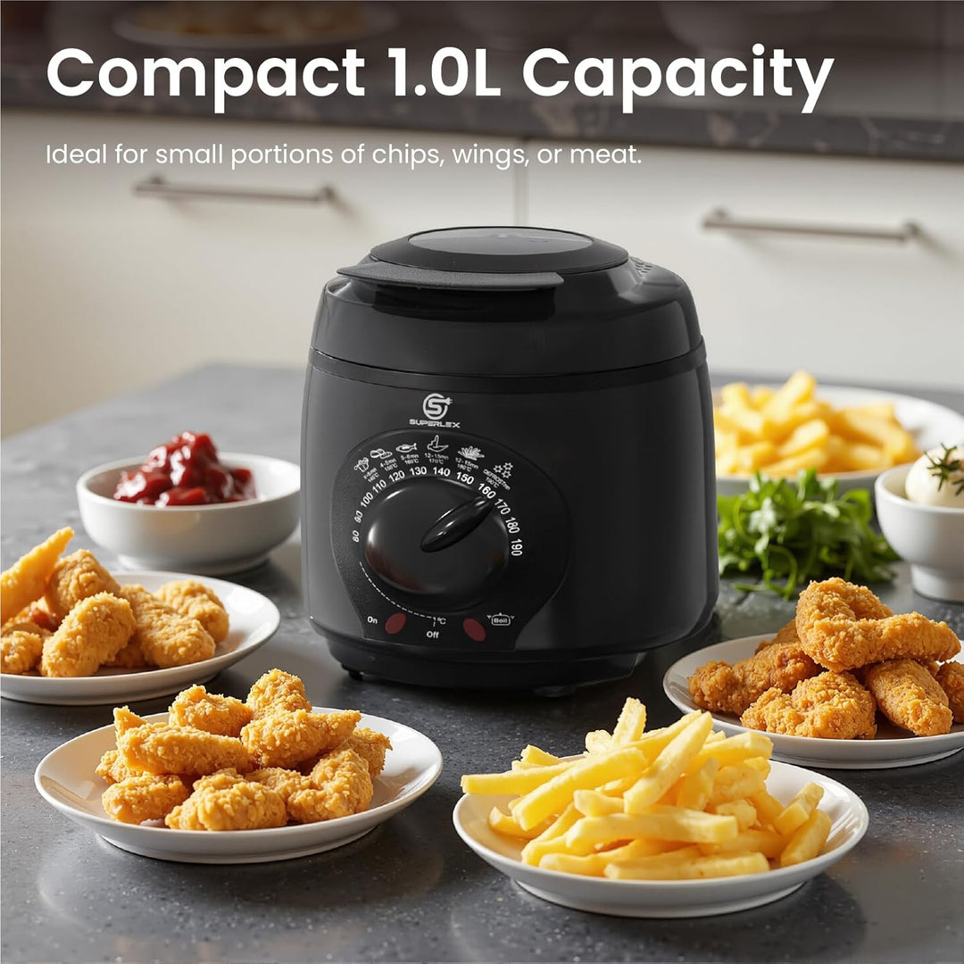 Friteuse mit Fett 1L Elektrische 950W Kompakte Mini Fritteuse Öl mit Temperaturregelung Edelstahl Fi