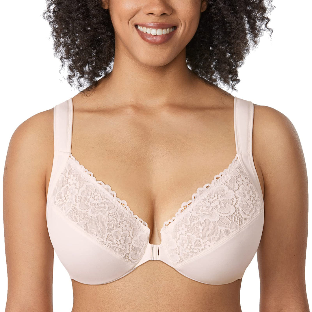 DELIMIRA Damen Vorderverschluss BH mit Bügel BHS Grosse Brüste Starker Halt Soft Spitzen U-Rücken Un