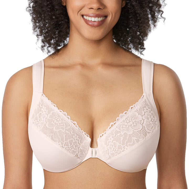 DELIMIRA Damen Vorderverschluss BH mit Bügel BHS Grosse Brüste Starker Halt Soft Spitzen U-Rücken Un