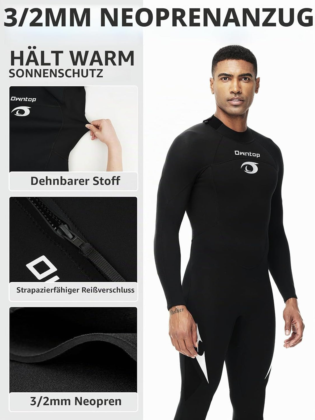 Owntop Herren Damen Ganzkörper 3/2mm Neoprenanzug, Ultra-Stretch Langarm Winter Neoprenanzug, Rücken