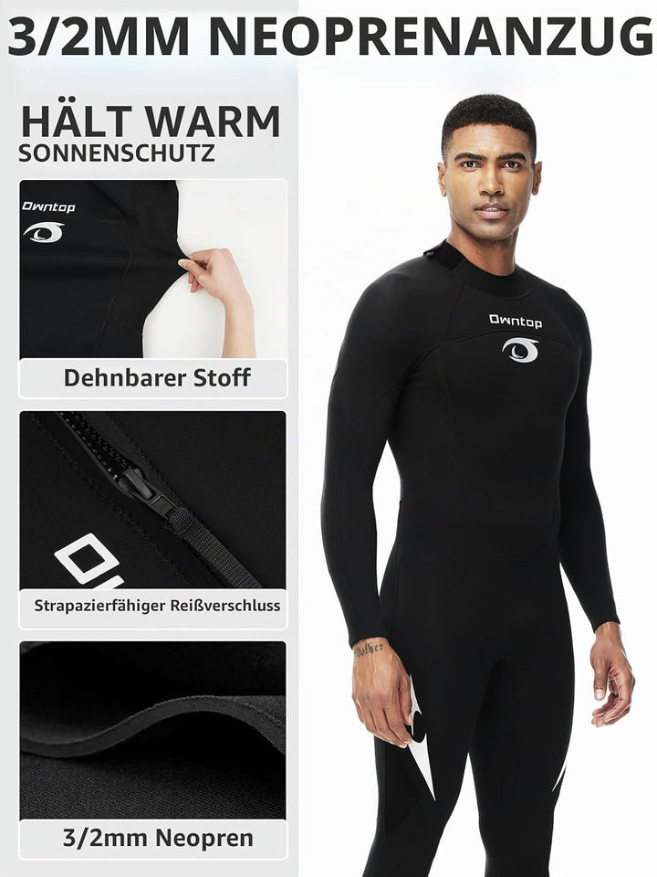 Owntop Herren Damen Ganzkörper 3/2mm Neoprenanzug, Ultra-Stretch Langarm Winter Neoprenanzug, Rücken