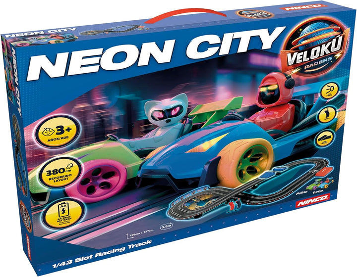 Ninco - NincoRacers Velokú Racers City Rennbahn | Slot Car Strecke 3,8m Massstab 1:43 | Autorennbahn
