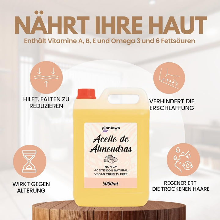 PLANTAWA Süsses Mandelöl 5L | Mandel-Körperöl | Feuchtigkeitsspendend für Haut und Haar | 100% Natür